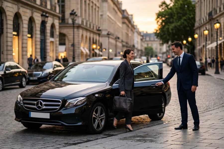 The chauffeur opens the sedan door for a client at dusk