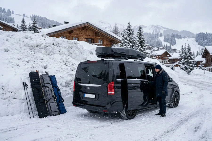 Mercedes V-Class with roof box and ski bags in the snow